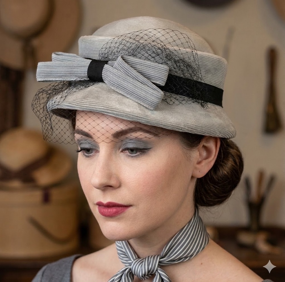 Vintage 40s 50s The Rhodes Hat Pale Blue Grey Pillbox Birdcage Veil Bow